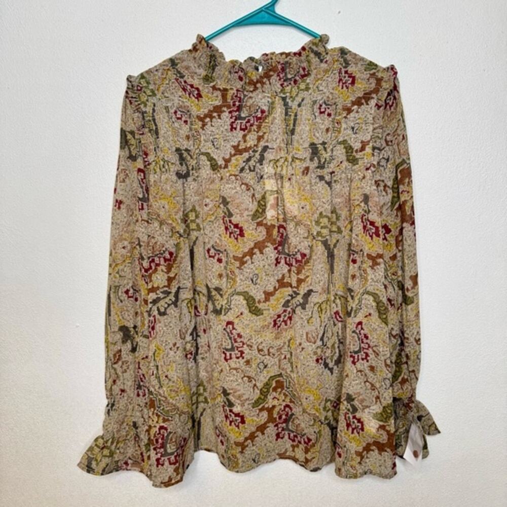 Elan Olive Tapestry Paisley Floral Feminine Business Casual Long Sleeve Blouse L